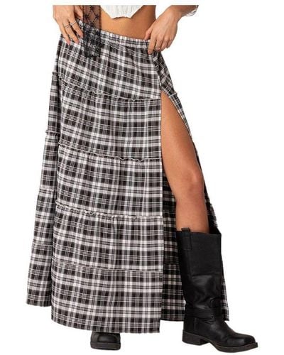 Edikted Plaid Side Slit Tiered Maxi Skirt - Multicolor