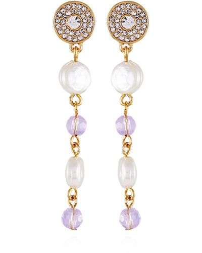 Tahari Tone Lilac Violet Glass Stone And Imitation Pearl Long Drop Earrings - White