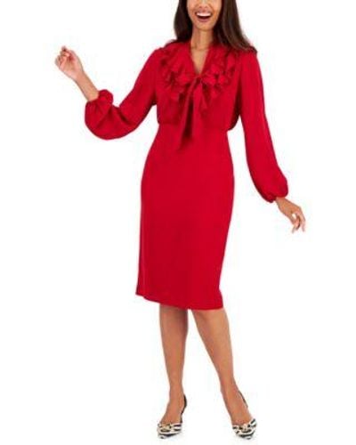 Kasper Long Sleeve Ruffled Collar Tie Front Top Stretch Crepe Skimmer Midi Pencil Skirt - Red