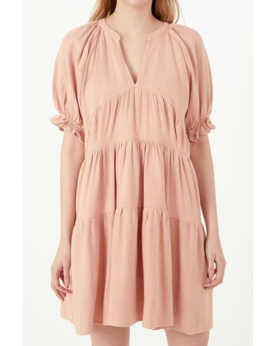 Free the Roses Solid Tiered Dress With Ruffled Sleeves - Pink