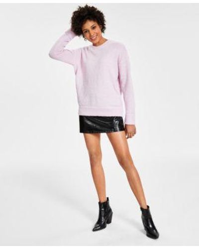BarIII Fuzzy Knit Crewneck Sweater Croc Embossed Faux Leather Mini Skirt Created For Macys - White