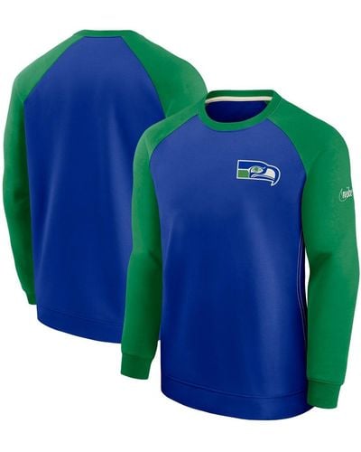 Nike Royal And Green Seattle Seahawks Historic Raglan Crew Performance Sweater - Blue
