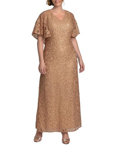 Kiyonna Plus Size Celestial Cape Sleeve Sequined Lace Gown - Brown