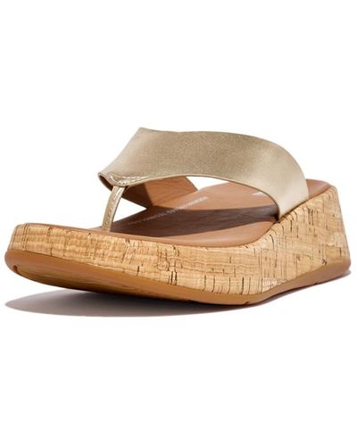 Fitflop F-mode Metallic Leather And Cork Flatform Toe Post Sandals - Natural