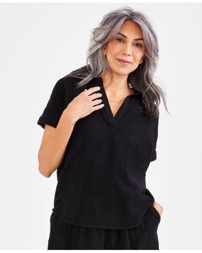 Style & Co. Cotton Gauze Popover Collared Top - Black