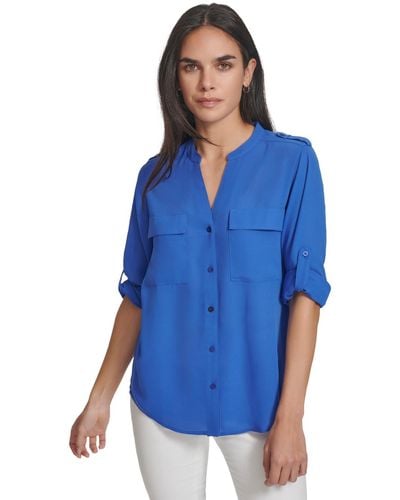 Calvin Klein Roll-tab Sleeve Button Down Shirt - Blue
