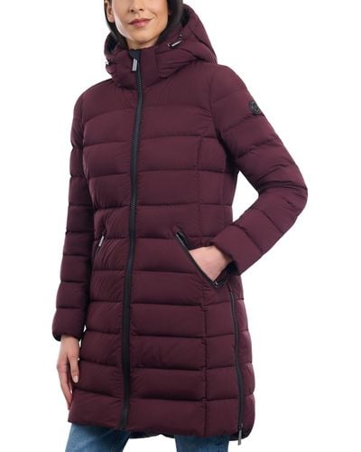 Michael Kors Hooded Faux-leather-trim Puffer Coat, Created For Macy's - Purple