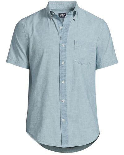 Lands' End Short Sleeve Button Down Chambray Traditional Fit Shirt - Blue