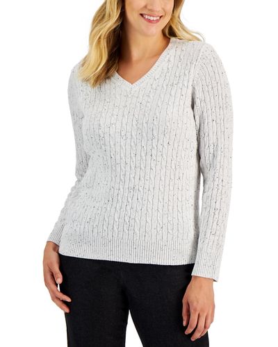 Karen Scott V-neck Cable Sweater, Created For Macy's - White