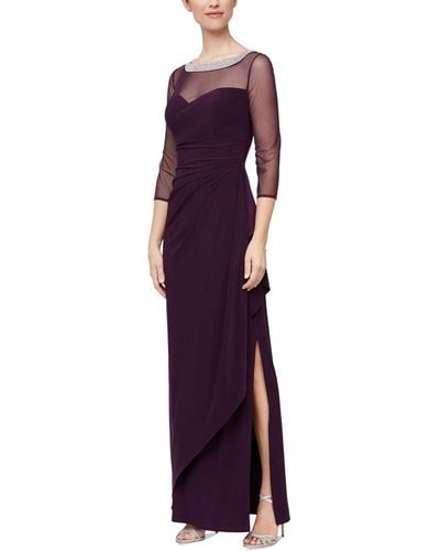 Alex Evenings Long Illusion 3/4'' Sleeve Side Ruched Dress W/ Embellished Neckline - Purple
