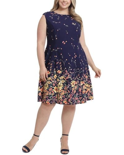 London Times Plus Size Printed Fit & Flare Dress - Blue