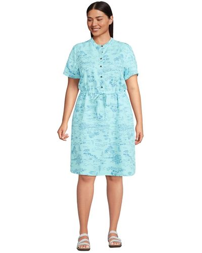 Lands' End Plus Size Rayon Short Sleeve Button Front Dress - Blue