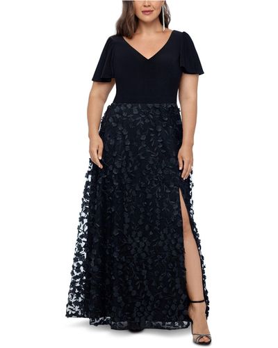 Xscape Plus Size 3d Flower A-line Gown - Black