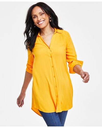 INC International Concepts Roll-tab Button-down Long Blouse - Yellow