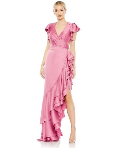 Mac Duggal Ieena Flutter Sleeve Cut Out Asymmetrical Ruffled Gown - Pink
