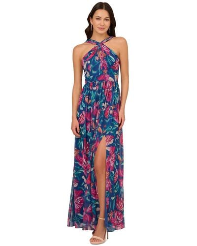 Adrianna Papell Printed Chiffon Halter Gown - Blue
