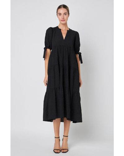 English Factory Gingham Tiered Midi Dress - Black