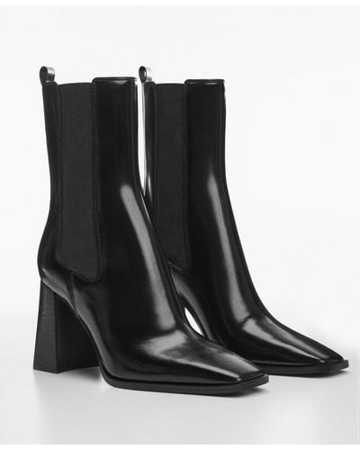 Mango Elastic Panels Leather Ankle Boots - Black