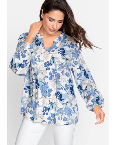 Olsen Long Sleeve Abstract Floral Print Tunic Blouse - Blue