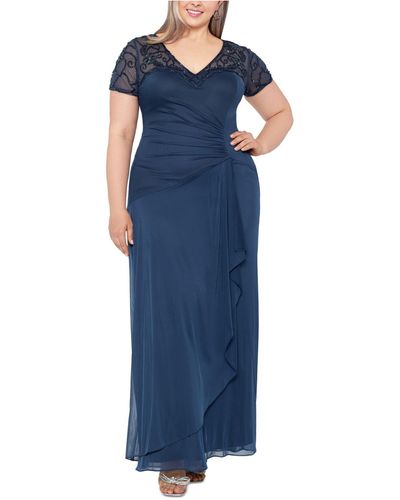 Xscape Plus Size Beaded Illusion-trim Side-ruched Gown - Blue