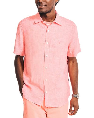 Nautica Classic-fit Solid Linen Short-sleeve Shirt - Pink