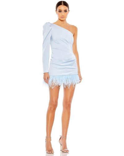 Mac Duggal Ieena Feather Trim One Shoulder Draped Mini Dress - Blue