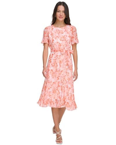 DKNY Petite Floral Godet-sleeve A-line Dress - Pink