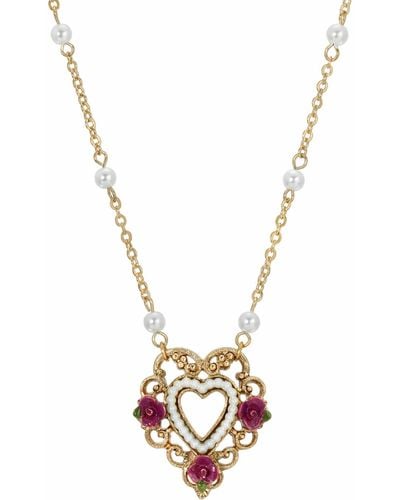 2028 Enamel Flower Imitation Pearl Rimed Open Heart Necklace - Pink