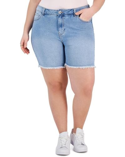 Celebrity Pink Trendy Plus Size Frayed Bermuda Denim Shorts - Blue