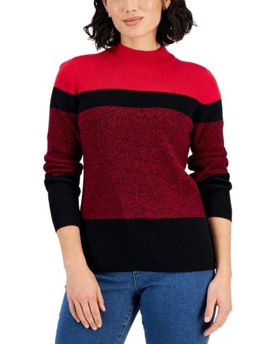 Karen Scott Petite Elsa Cotton Mock-neck Colorblocked Sweater - Red