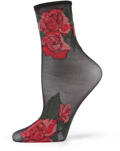 Memoi Beauty Rose Garden Sheer See-through Ankle Socks - Red