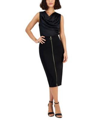 INC International Concepts Cowlneck Blouse Zip Front Pencil Skirt Created For Macys - Black
