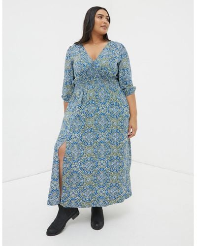 FatFace Plus Size Rene Aztec Texture Midi Dress - Blue