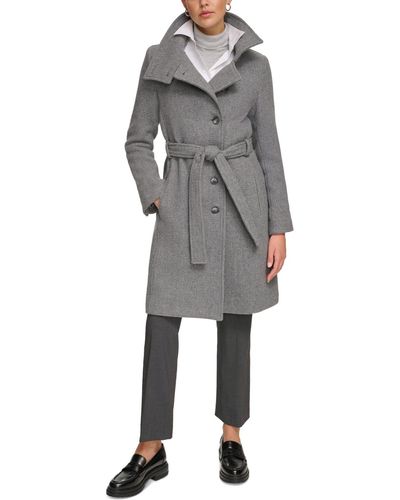 Calvin Klein Wool Blend Belted Buttoned Coat - Gray