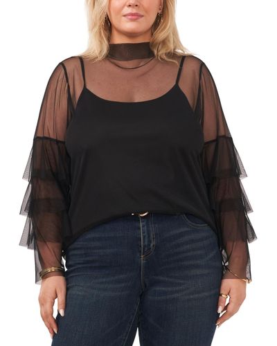 Vince Camuto Trendy Plus Size Tiered-sleeve Mesh Mock Neck Blouse - Black