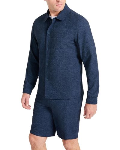 Kenneth Cole 4-way Stretch Water-resistant Printed Seersucker Shirt Jacket - Blue