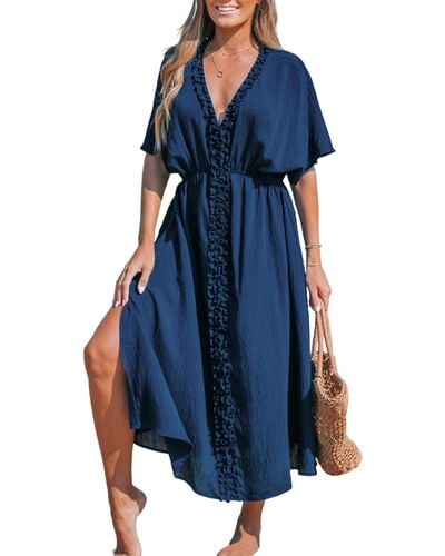 CUPSHE Navy Dolman Sleeve Micro-ruffle Midi Beach Dress - Blue