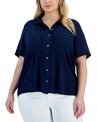 Style & Co. Plus Size Collared Pintuck Top - Blue