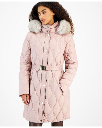 Michael Kors Michael Petite Faux-fur-trim Hooded Belted Down Puffer Coat - Pink