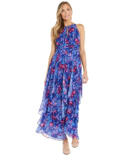 R & M Richards Petite Floral-print Ruffled Maxi Dress - Blue