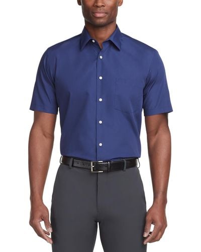 Van Heusen Dress Shirt, White Poplin Short-sleeved Shirt - Blue