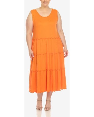 White Mark Plus Size Scoop Neck Tiered Midi Dress - Orange