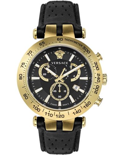 Versace Swiss Chronograph Bold Black Perforated Leather Strap Watch 46mm - Metallic