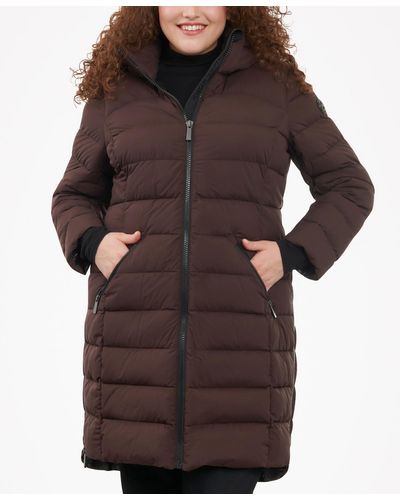 Michael Kors Plus Size Hooded Faux-leather-trim Puffer Coat, Created For Macy's - Brown