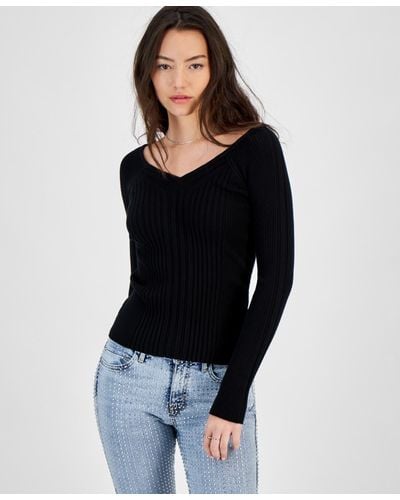Guess Allie V-neck Ribbed Sweater - Black