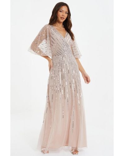 Quiz Embellished Sequin Evening Dress - Natural