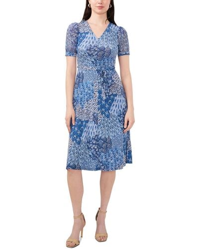 Msk Petite Printed Sheer-sleeve Fit & Flare Dress - Blue