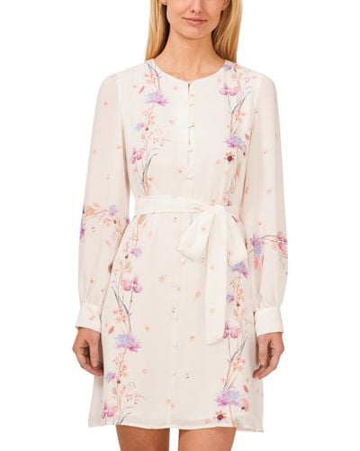 Cece Floral Print Button Front Tie Waist Sheath Dress - White