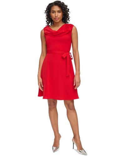 DKNY Drapey Cowlneck Sleeveless Belted Dress - Red