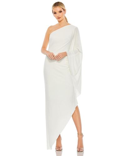 Mac Duggal One Shoulder Asymmetrical Hem Flowy Midi Dress - White